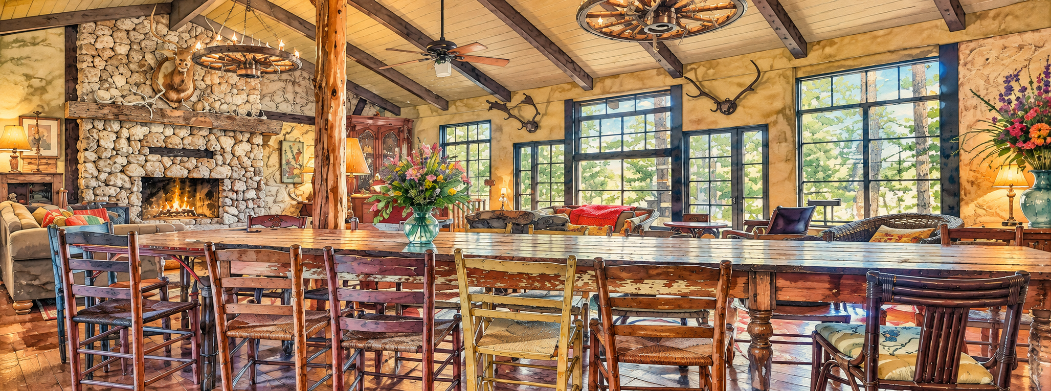 Watercolor illustration of the great room at The Lodge on Lake Siesta