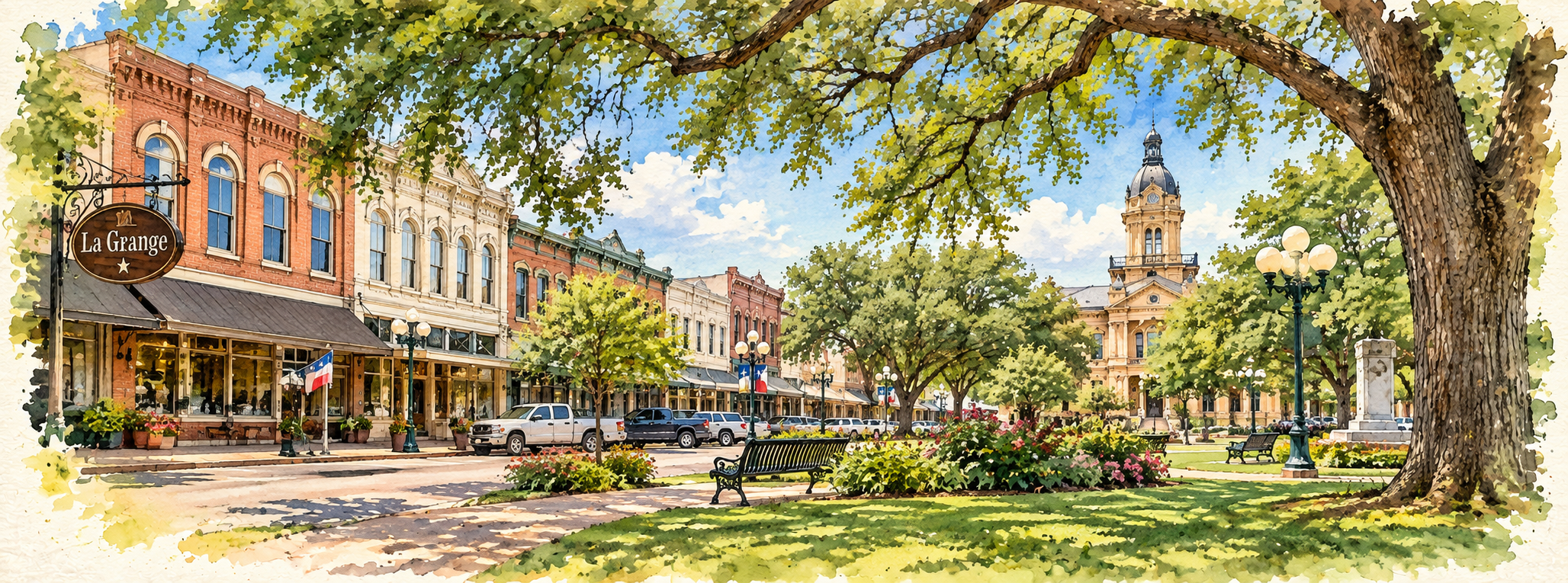 Watercolor illustration of historic downtown La Grange, Texas