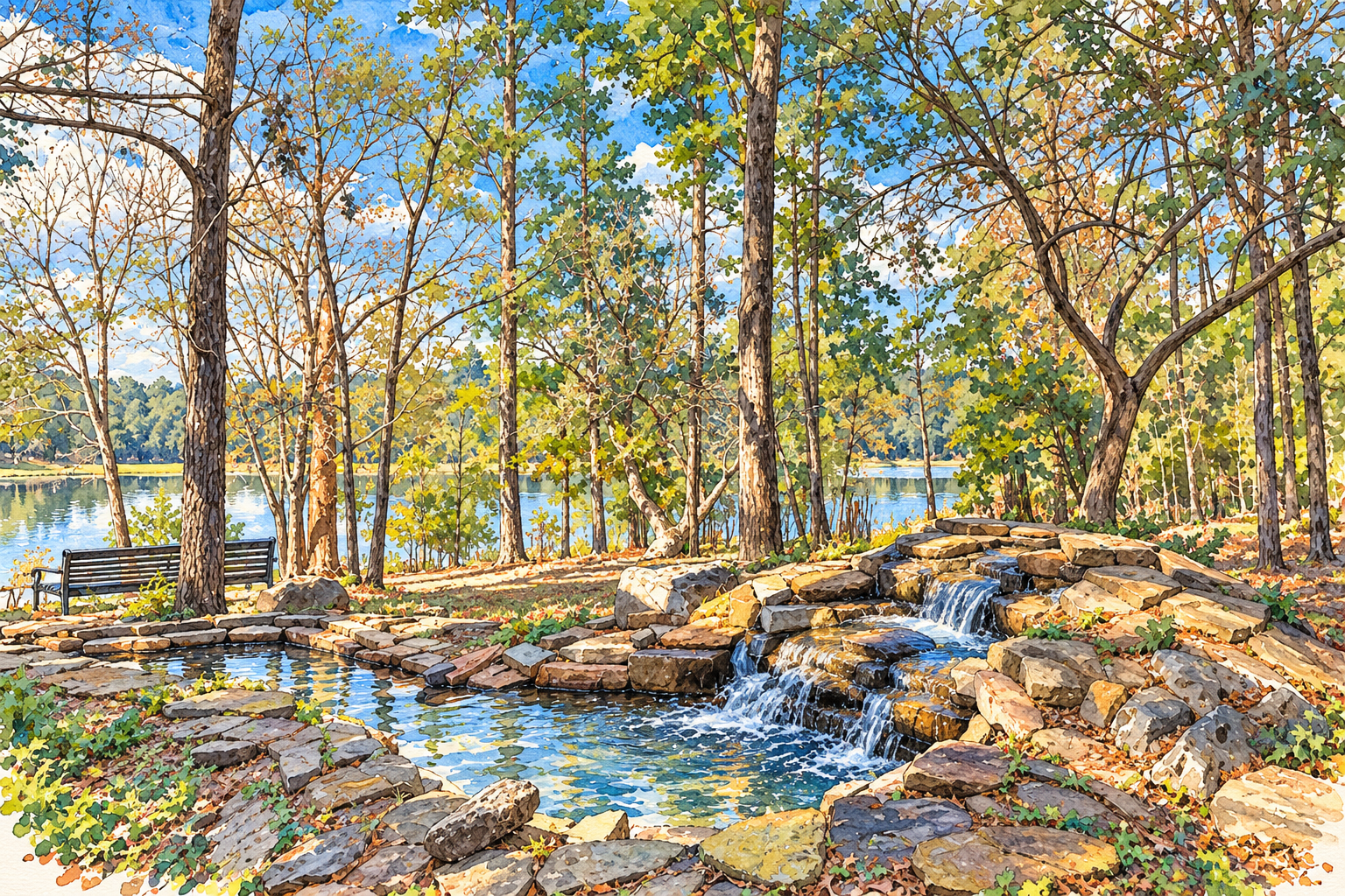 Watercolor view of The Lodge on Lake Siesta